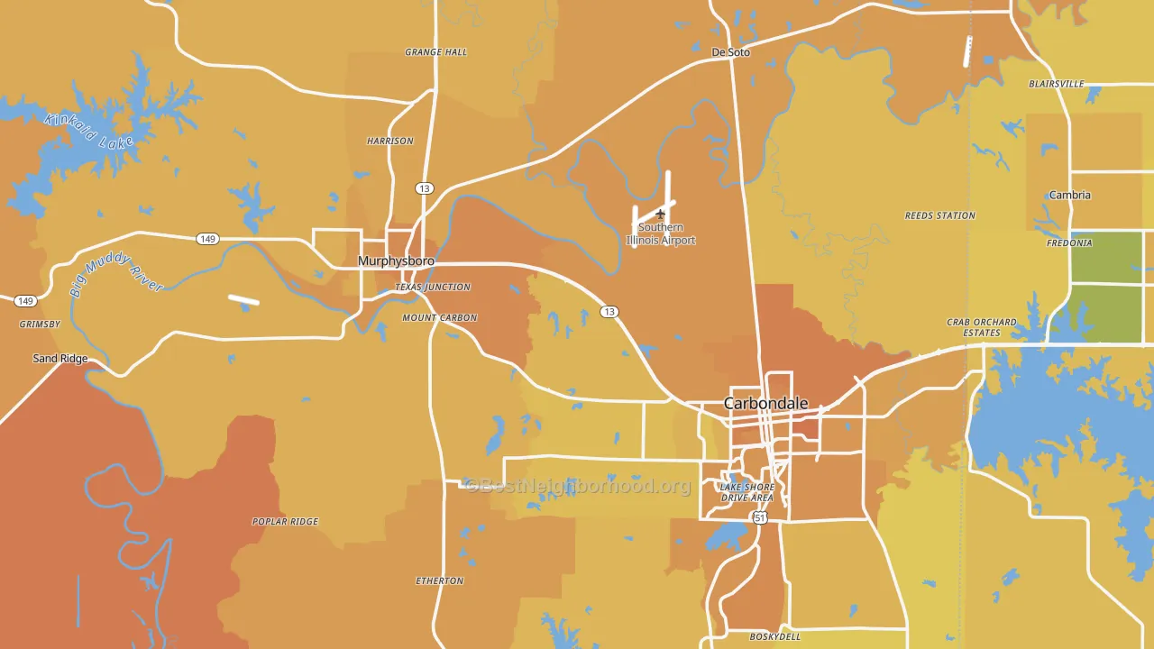 Map of the best neighborhoods in the Jackson County area, with better matches in green and worse matches in red