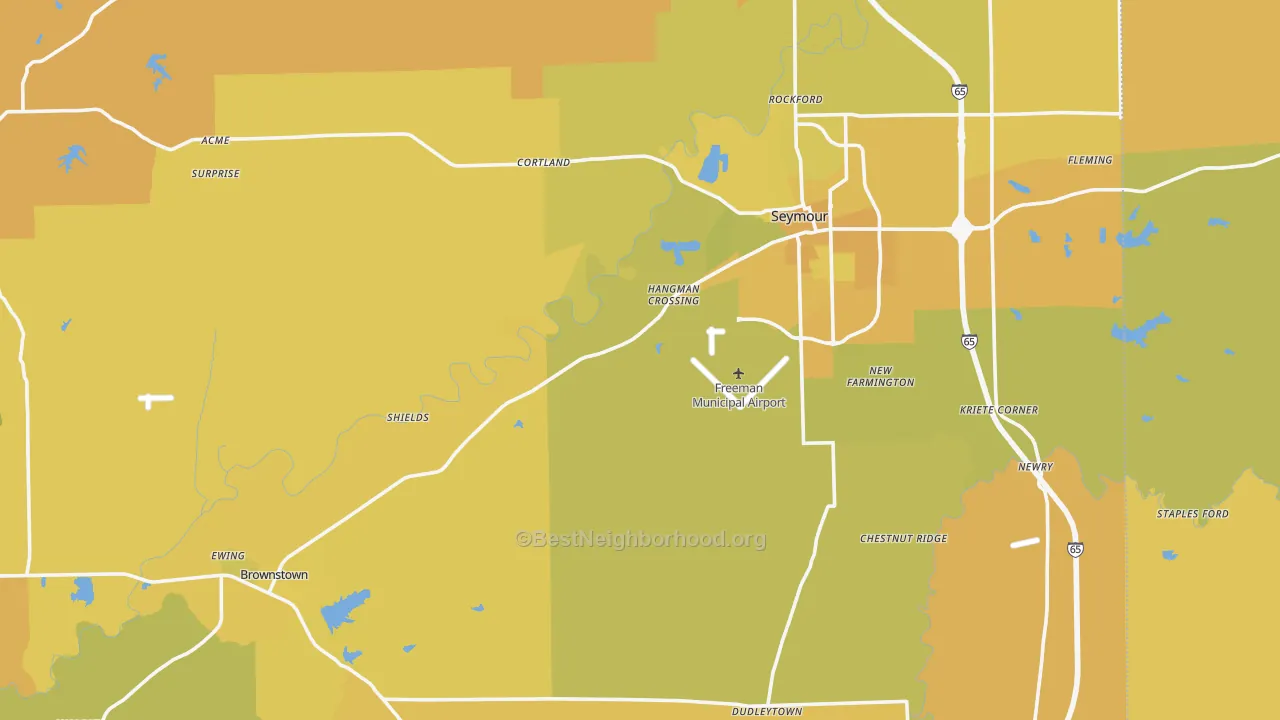 Map of the best neighborhoods in the Jackson County area, with better matches in green and worse matches in red