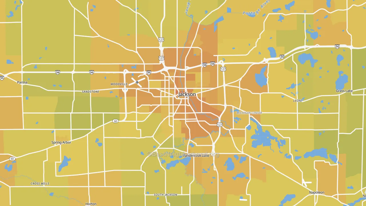 Map of the best neighborhoods in the Jackson County area, with better matches in green and worse matches in red