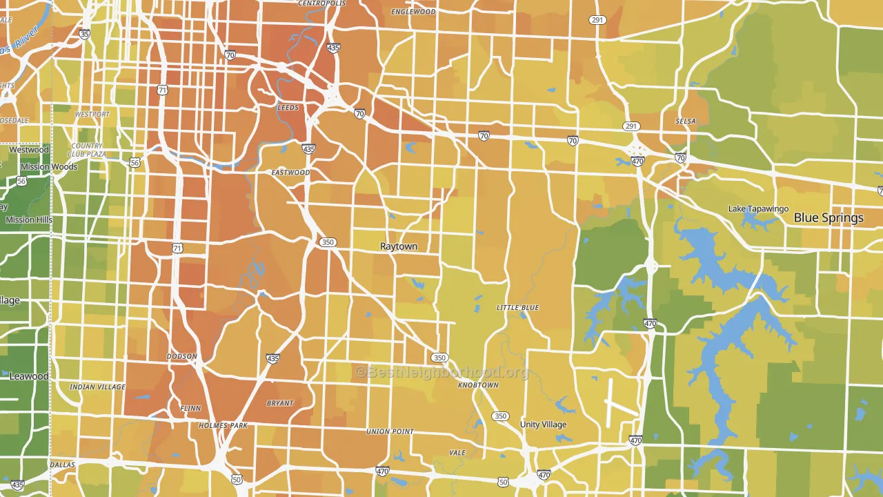 Map of the best neighborhoods in the Jackson County area, with better matches in green and worse matches in red