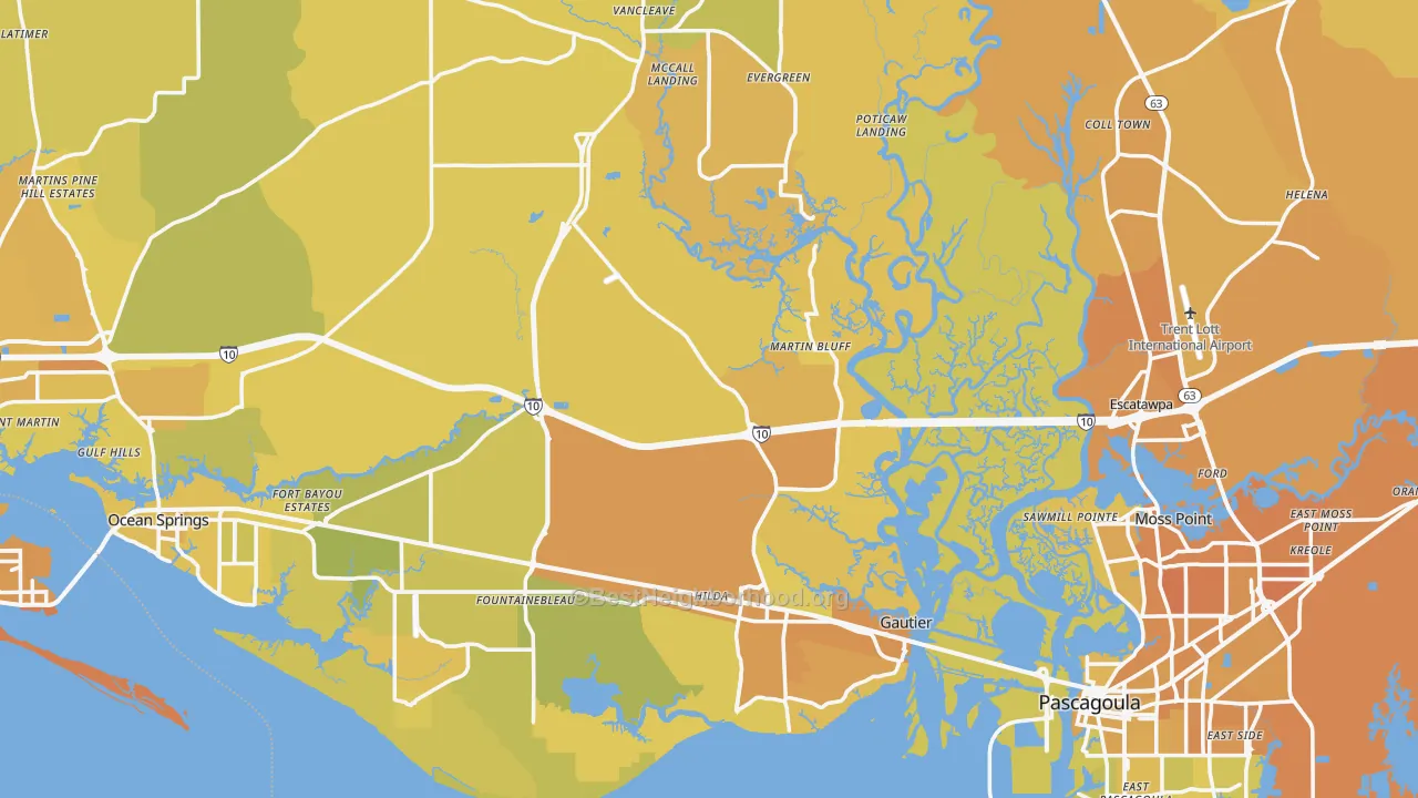 Map of the best neighborhoods in the Jackson County area, with better matches in green and worse matches in red