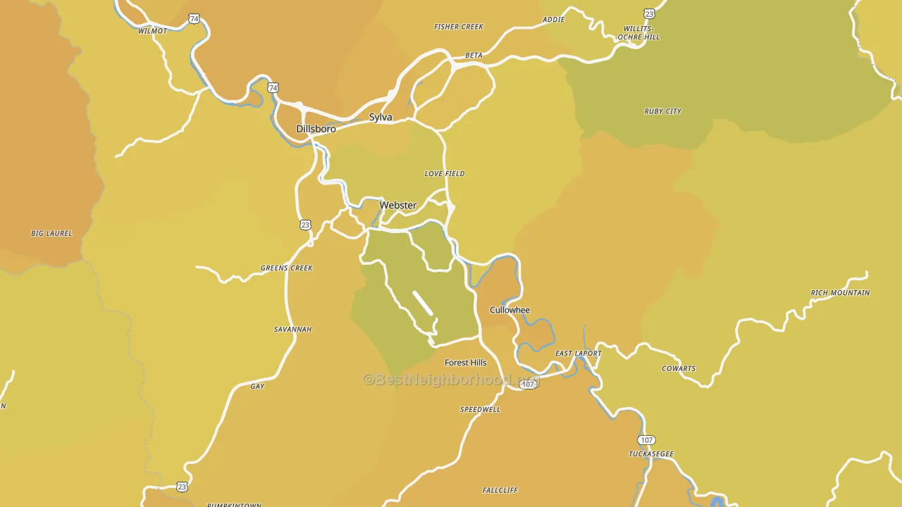 Map of the best neighborhoods in the Jackson County area, with better matches in green and worse matches in red