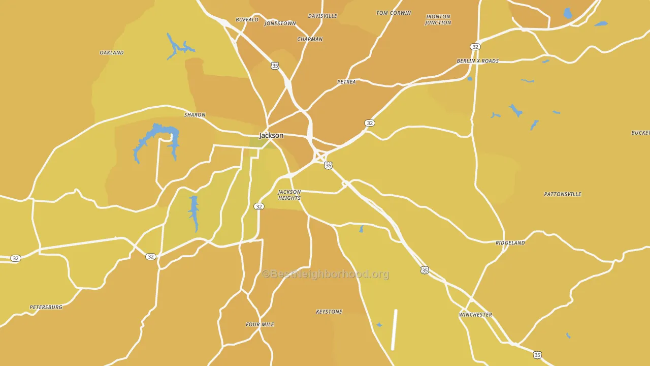 Map of the best neighborhoods in the Jackson County area, with better matches in green and worse matches in red