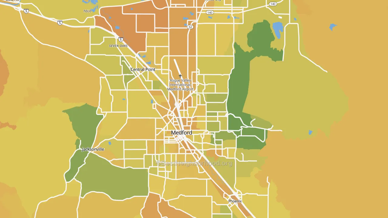 Map of the best neighborhoods in the Jackson County area, with better matches in green and worse matches in red