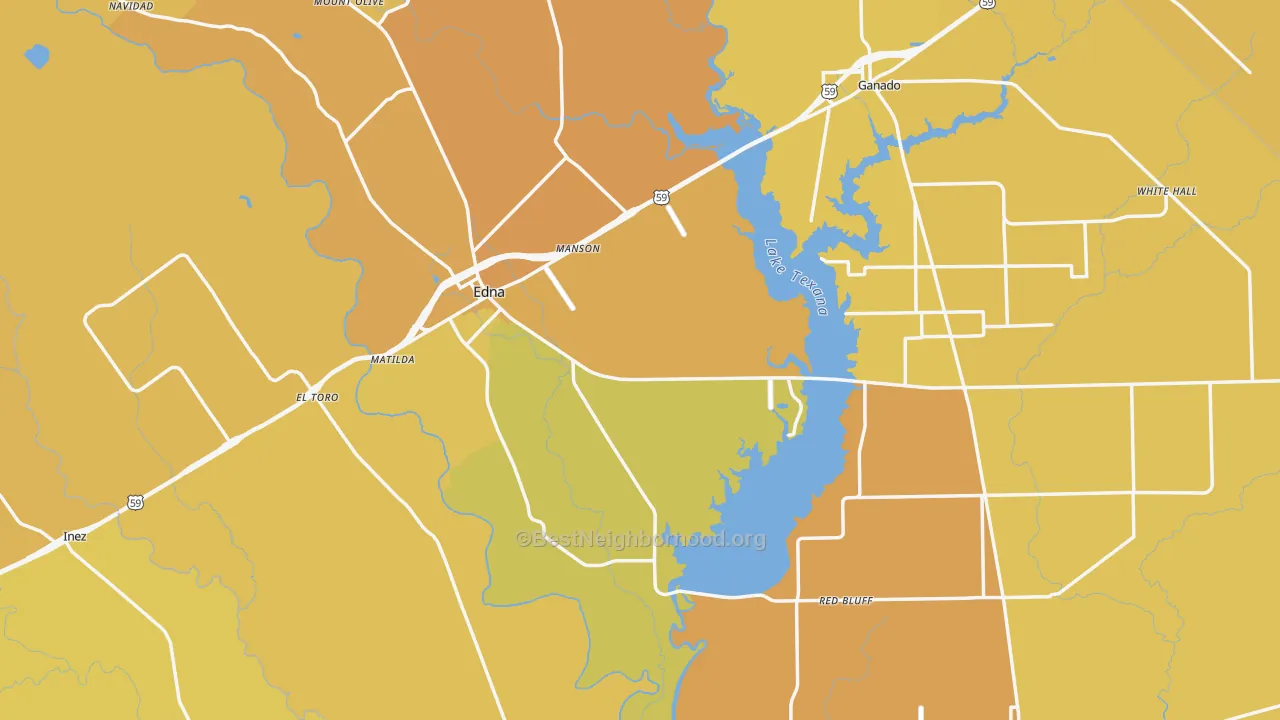 Map of the best neighborhoods in the Jackson County area, with better matches in green and worse matches in red