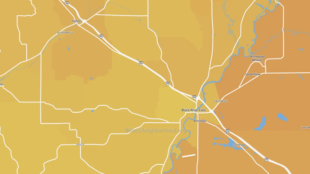 Map of the best neighborhoods in the Jackson County area, with better matches in green and worse matches in red