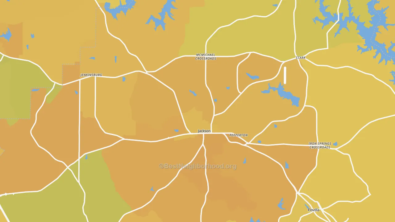 Map of the best neighborhoods in the Jackson area, with better matches in green and worse matches in red