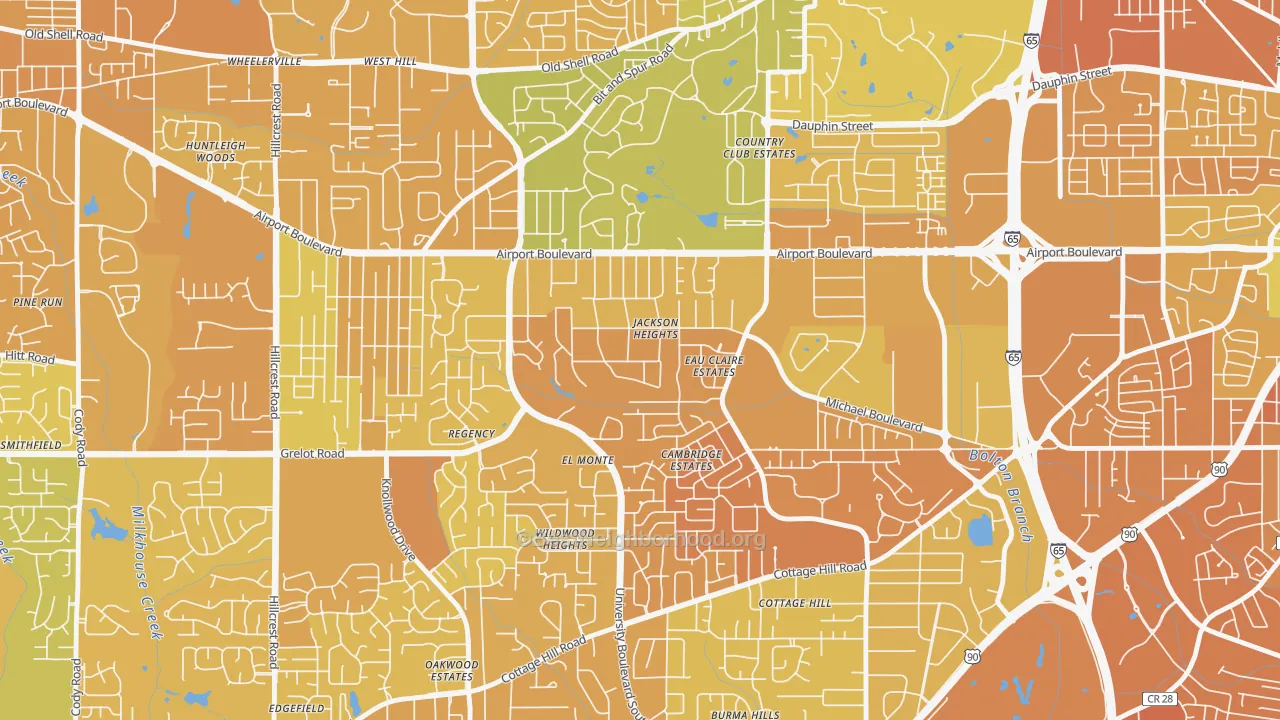 Map of the best neighborhoods in the Jackson Heights, Mobile area, with better matches in green and worse matches in red
