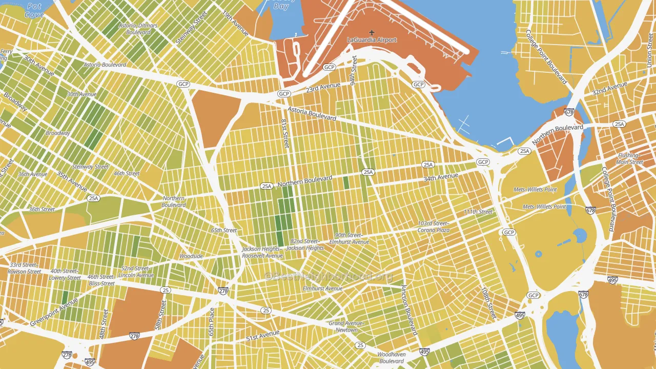Map of the best neighborhoods in the Jackson Heights-ny, Queens area, with better matches in green and worse matches in red