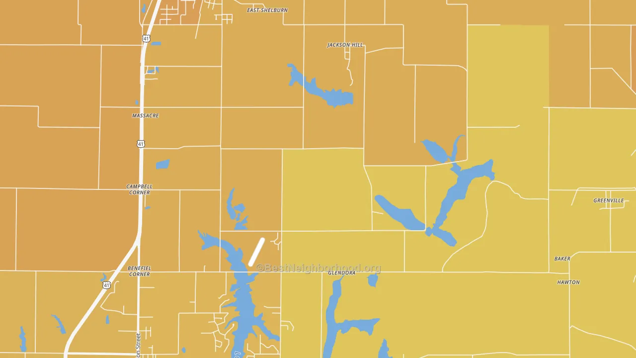 Map of the best neighborhoods in the Jackson Hill area, with better matches in green and worse matches in red