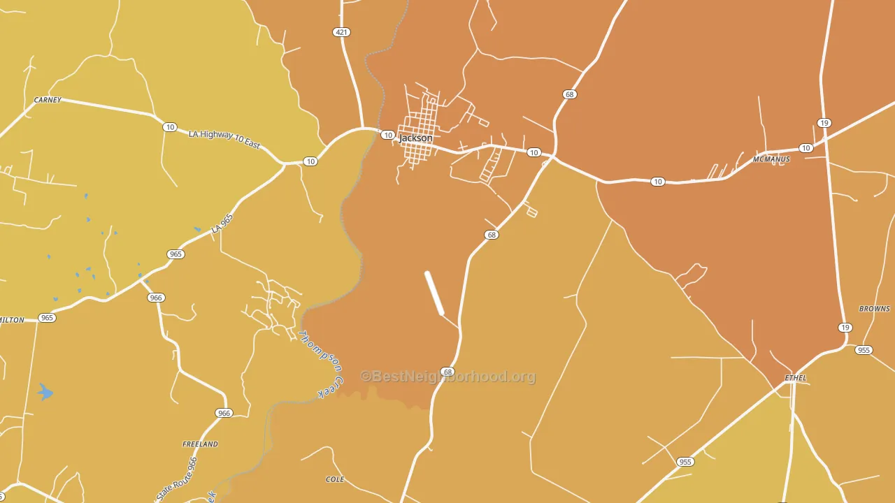 Map of the best neighborhoods in the Jackson area, with better matches in green and worse matches in red