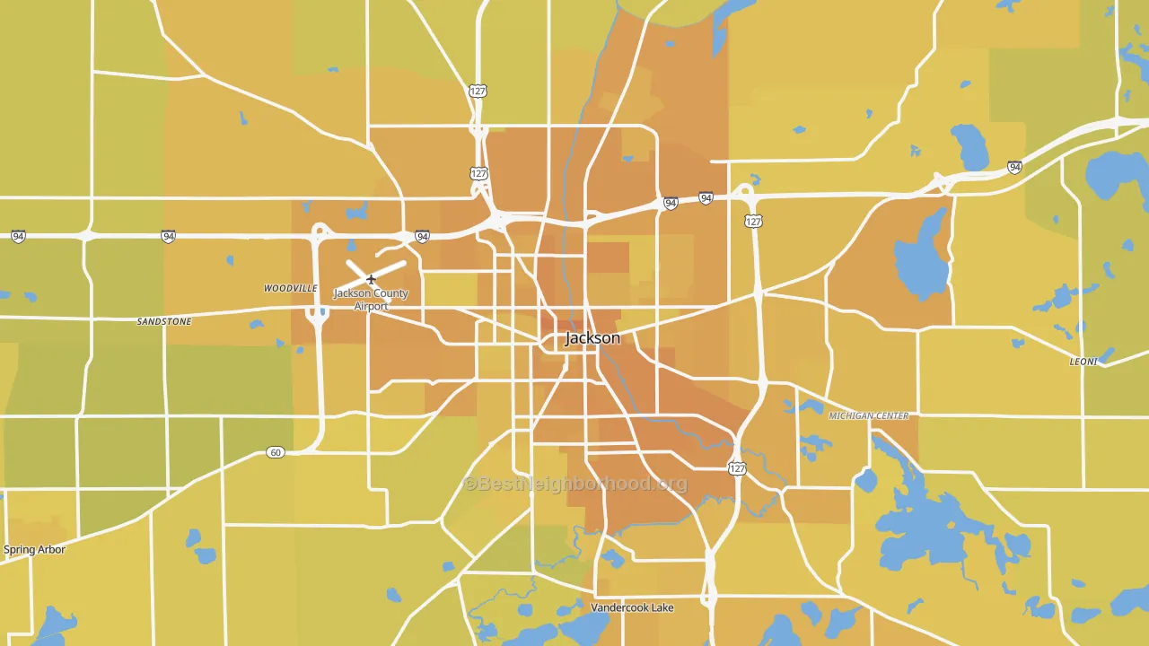 Map of the best neighborhoods in the Jackson Metro area, with better matches in green and worse matches in red