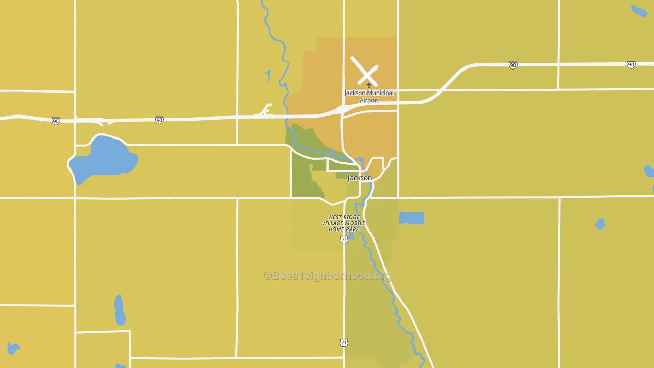 Map of the best neighborhoods in the Jackson area, with better matches in green and worse matches in red