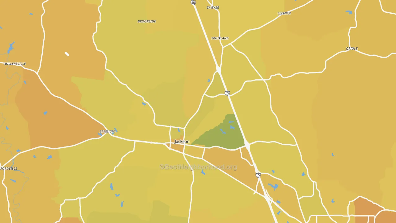 Map of the best neighborhoods in the Jackson area, with better matches in green and worse matches in red