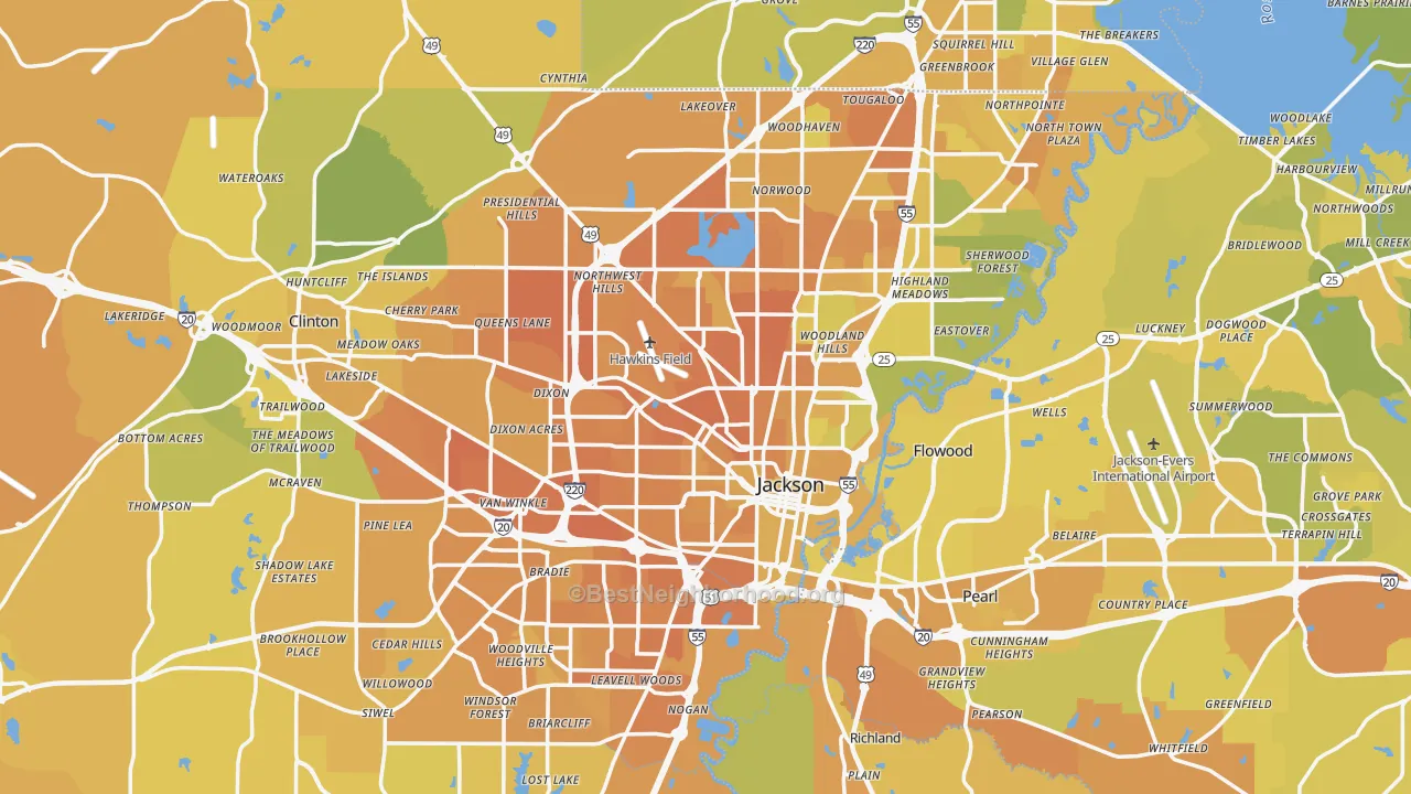 Map of the best neighborhoods in the Jackson Metro area, with better matches in green and worse matches in red