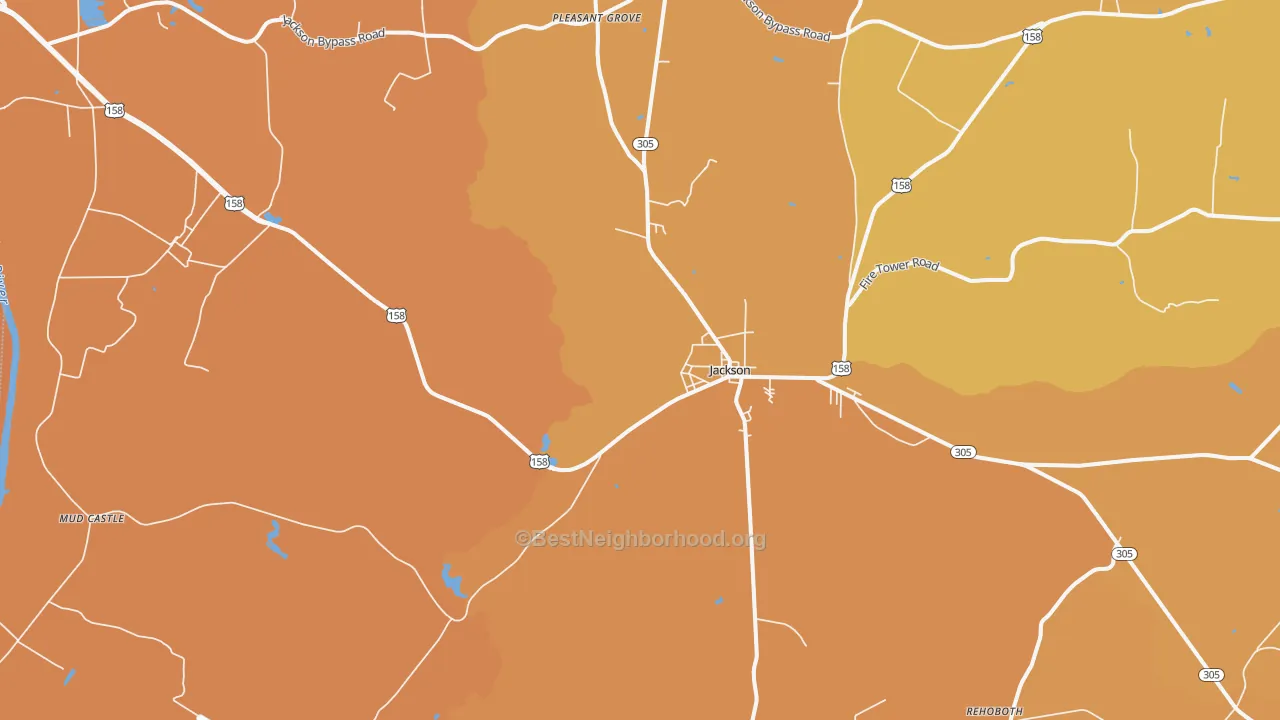 Map of the best neighborhoods in the Jackson area, with better matches in green and worse matches in red