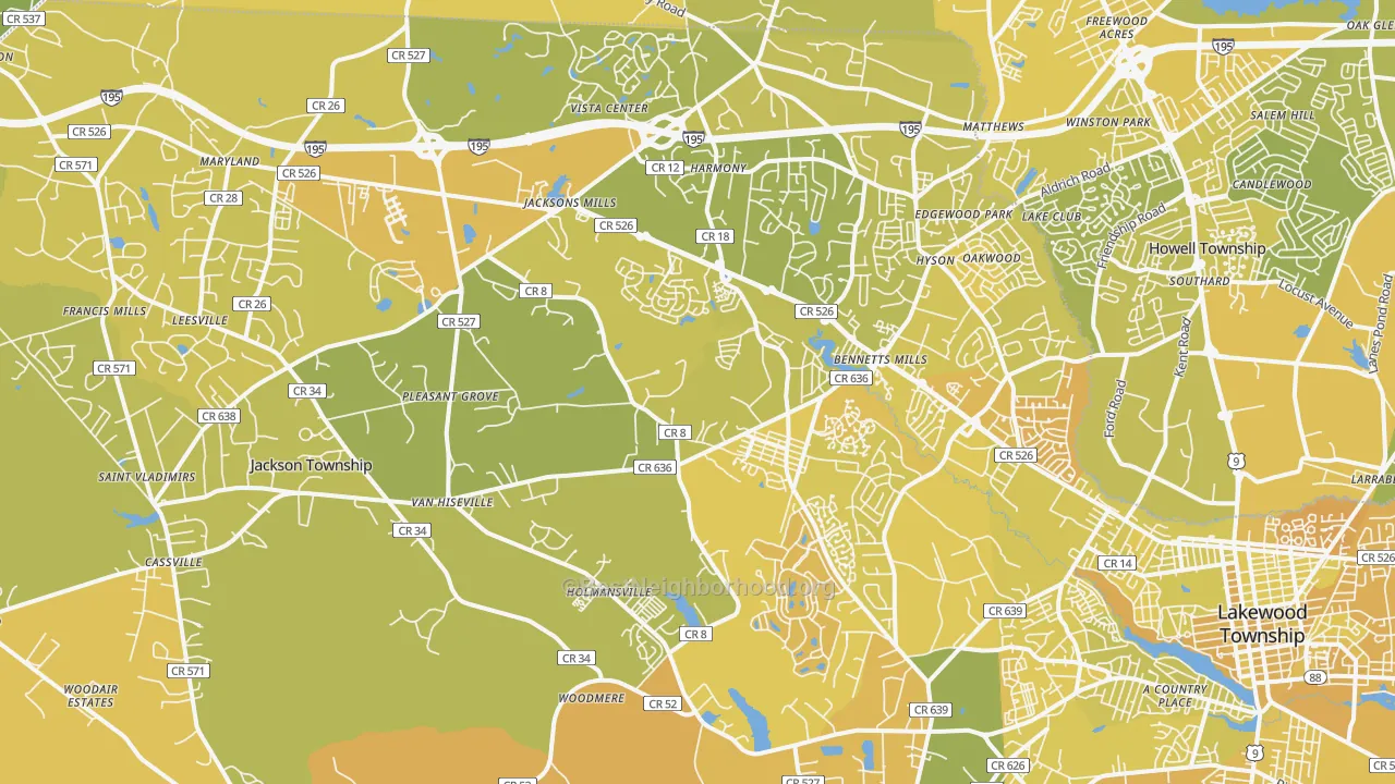 Map of the best neighborhoods in the Jackson area, with better matches in green and worse matches in red