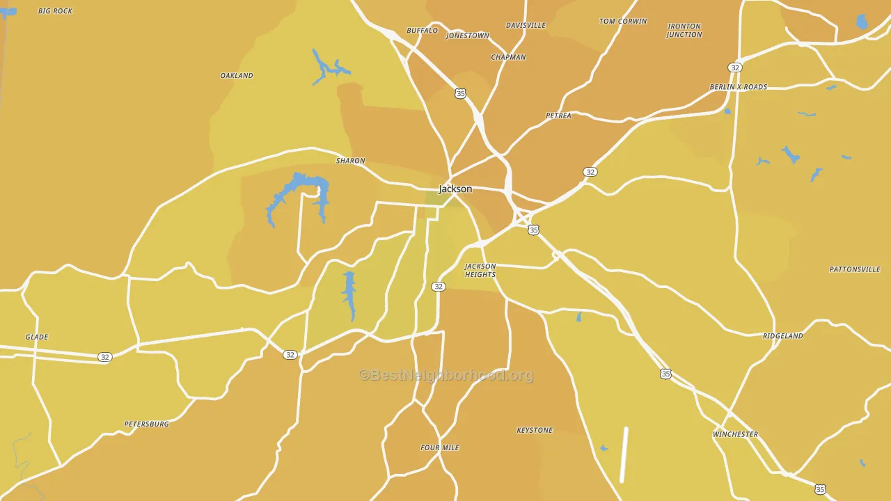Map of the best neighborhoods in the Jackson area, with better matches in green and worse matches in red