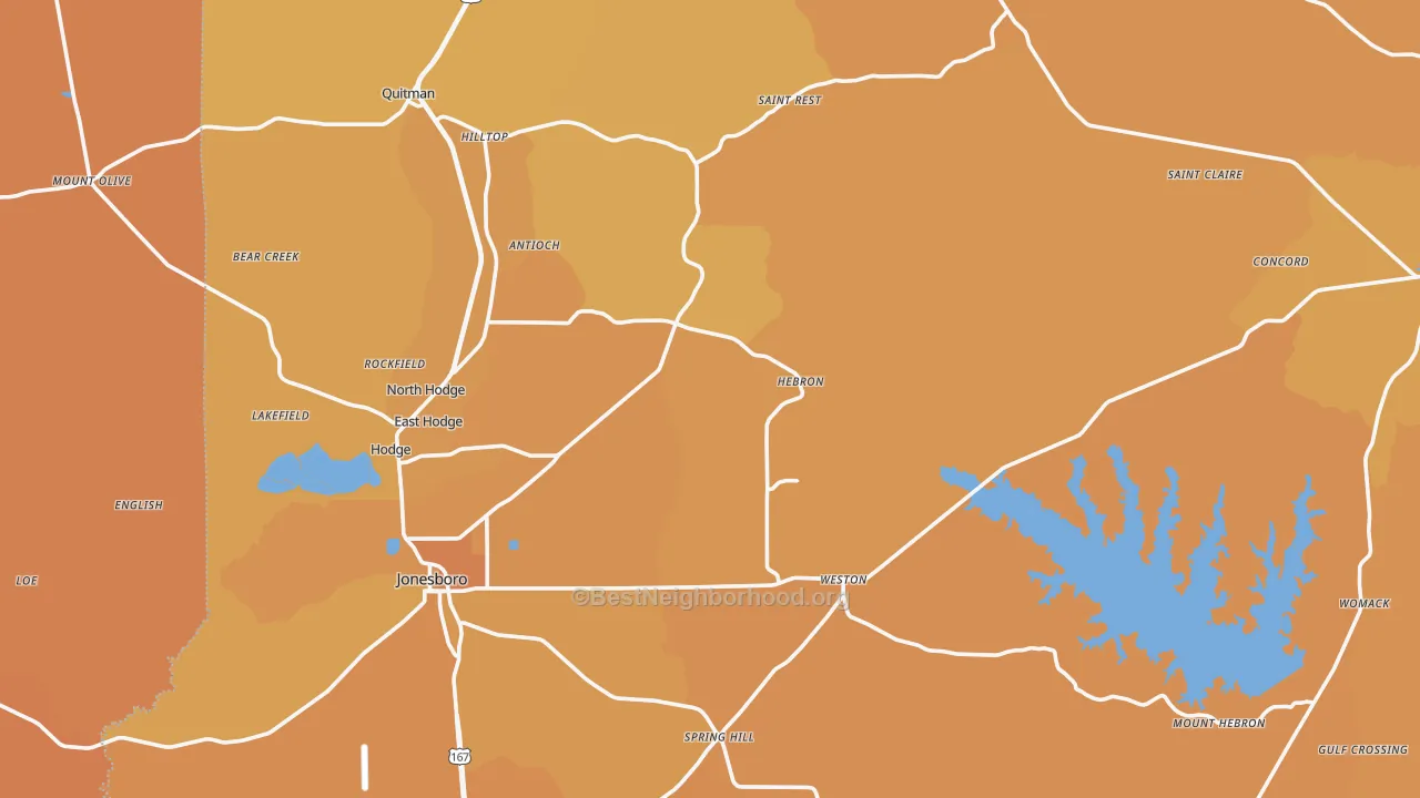 Map of the best neighborhoods in the Jackson Parish area, with better matches in green and worse matches in red