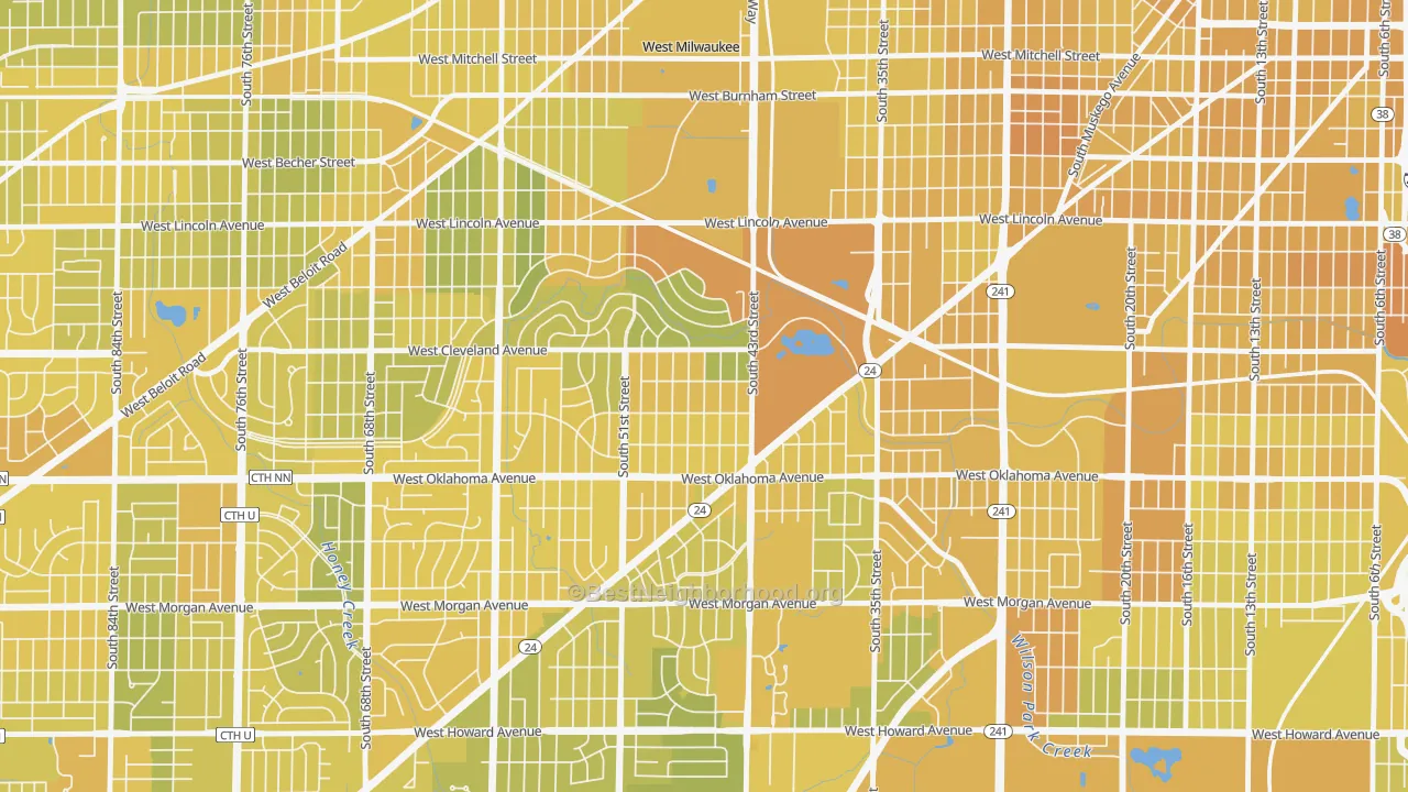 Map of the best neighborhoods in the Jackson Park, Milwaukee area, with better matches in green and worse matches in red