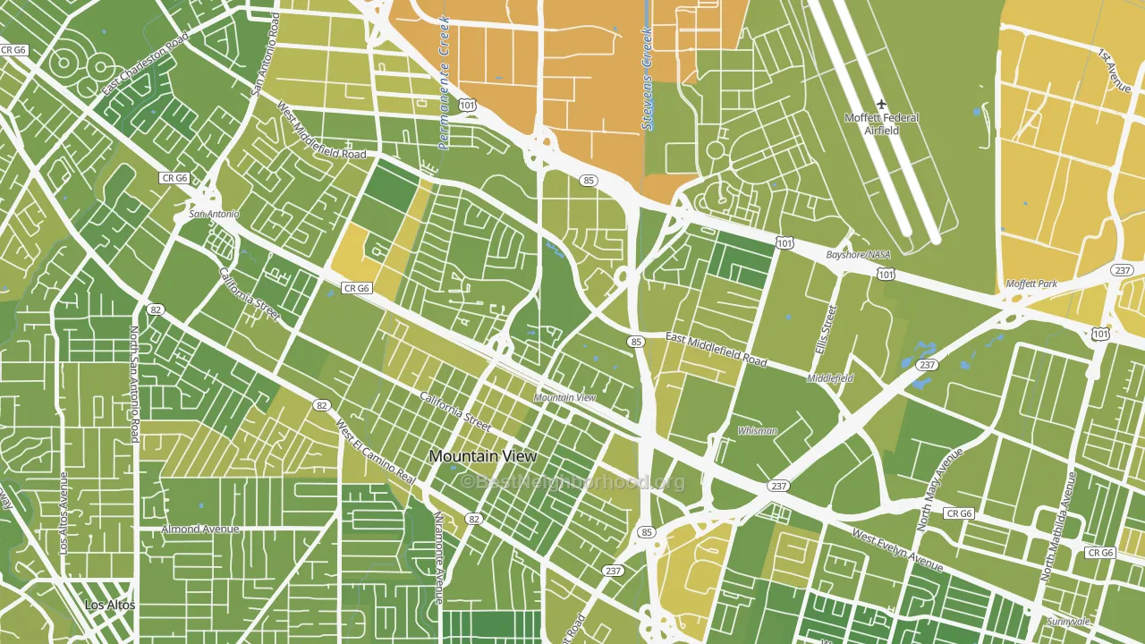 Map of the best neighborhoods in the Jackson Park, Mountain View area, with better matches in green and worse matches in red