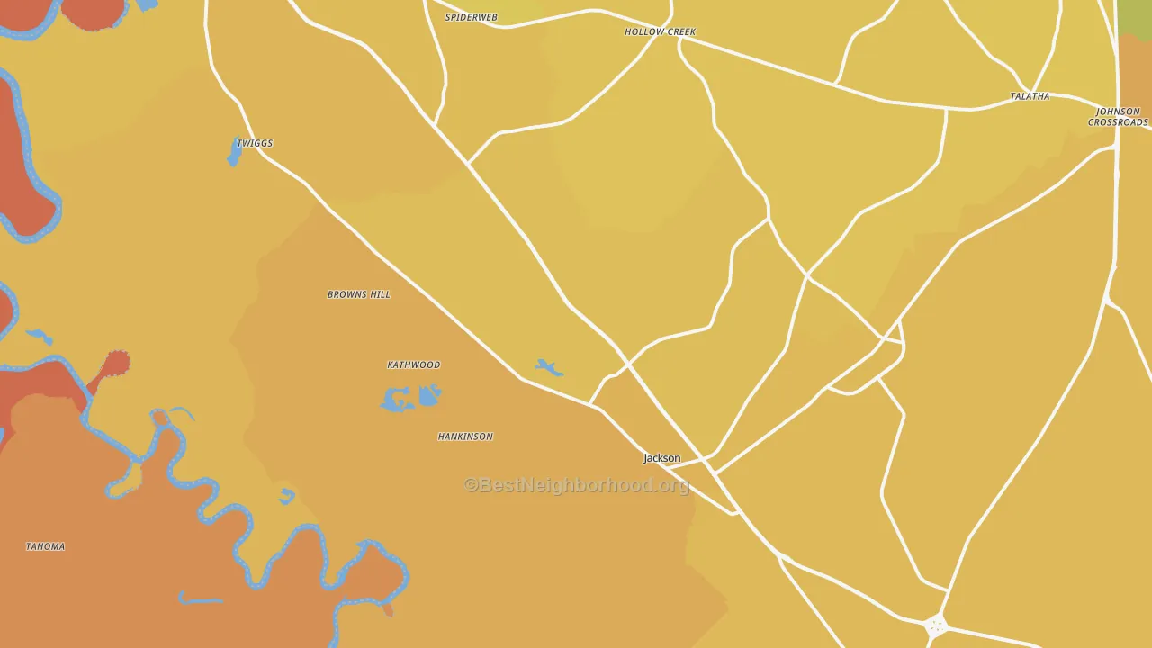 Map of the best neighborhoods in the Jackson area, with better matches in green and worse matches in red