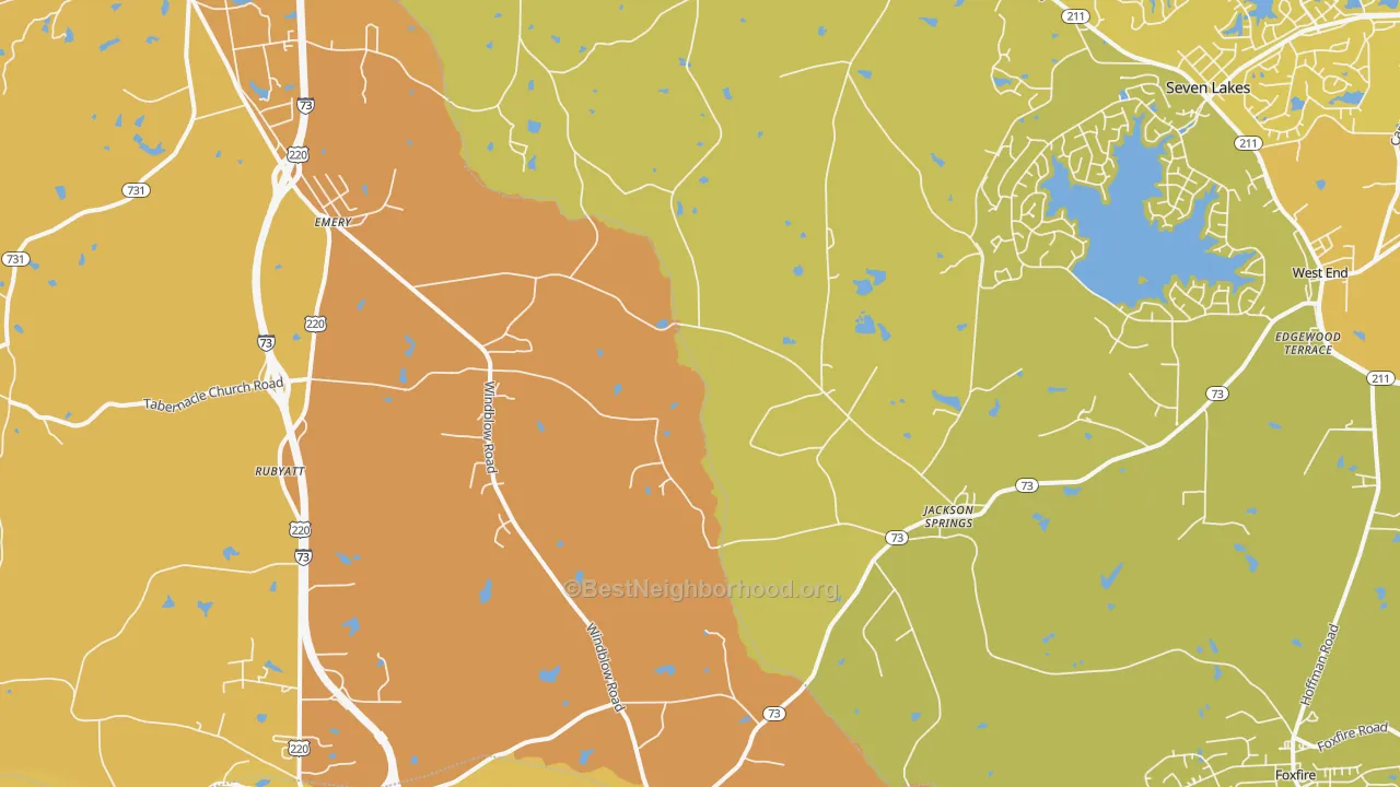 Map of the best neighborhoods in the Jackson Springs area, with better matches in green and worse matches in red