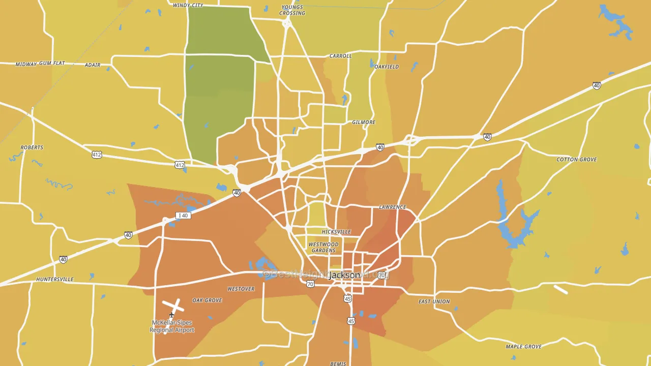 Map of the best neighborhoods in the Jackson Metro area, with better matches in green and worse matches in red