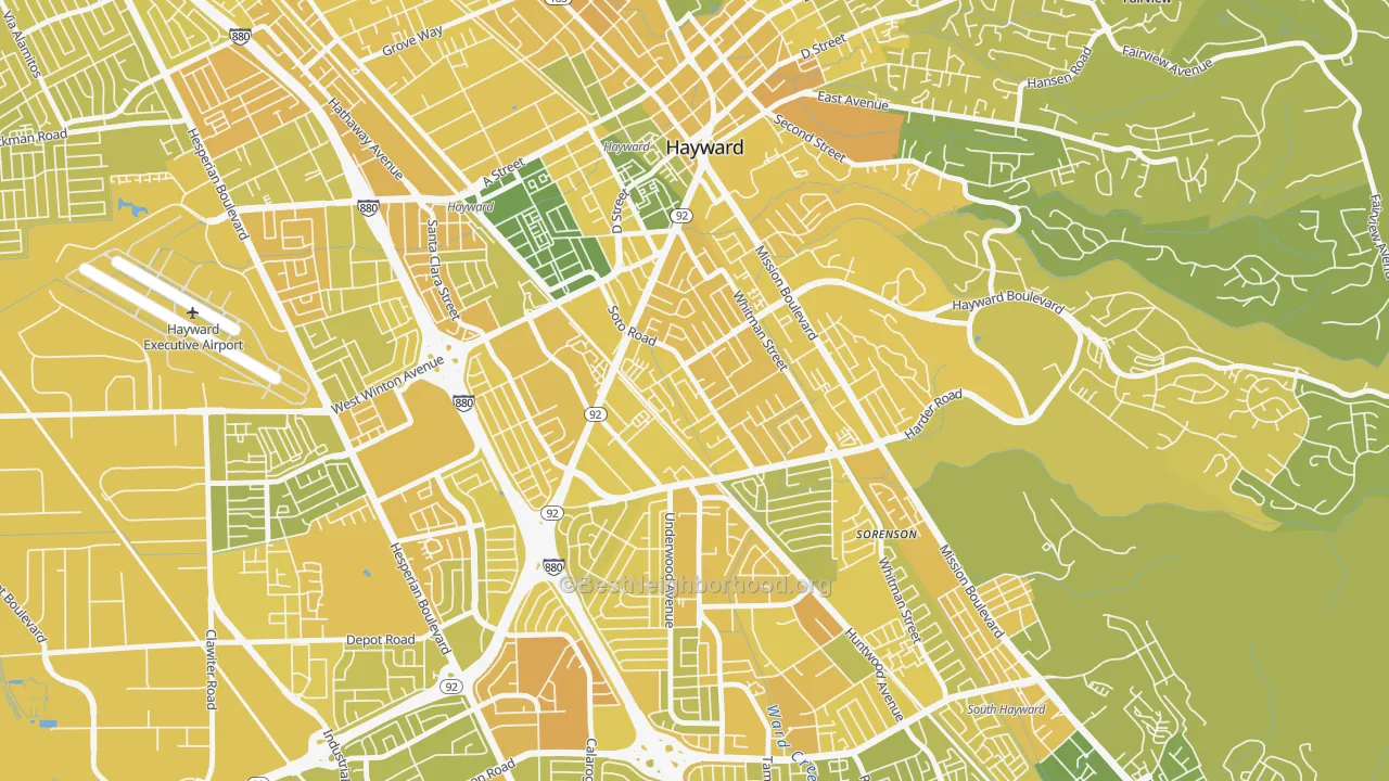 Map of the best neighborhoods in the Jackson Triangle, Hayward area, with better matches in green and worse matches in red
