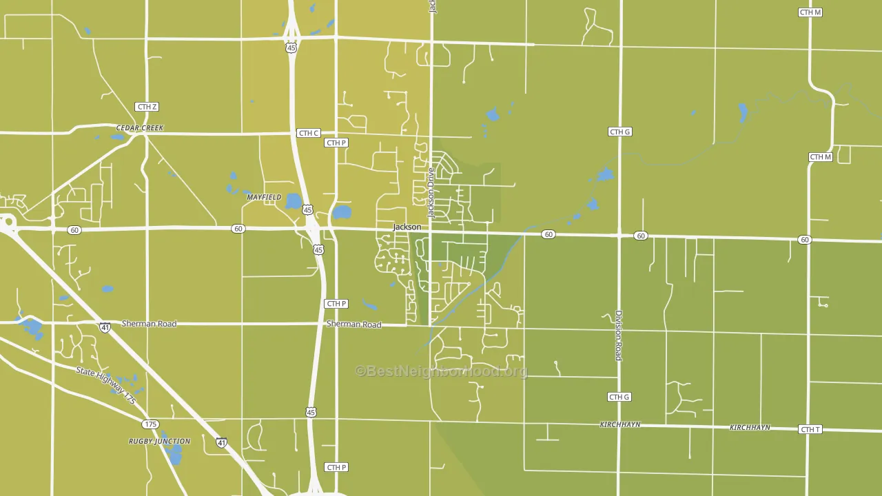 Map of the best neighborhoods in the Jackson area, with better matches in green and worse matches in red