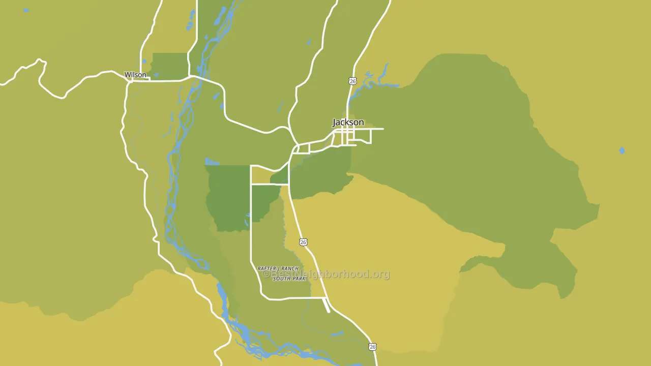 Map of the best neighborhoods in the Jackson area, with better matches in green and worse matches in red