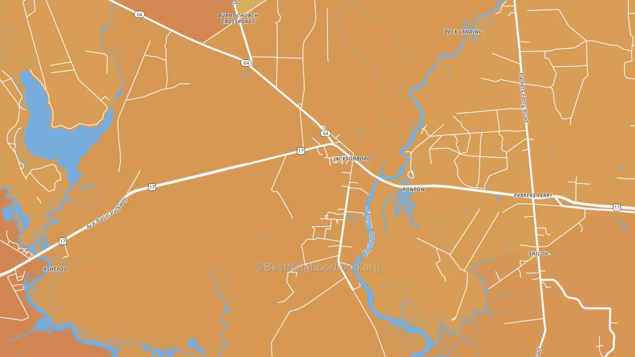 Map of the best neighborhoods in the Jacksonboro area, with better matches in green and worse matches in red