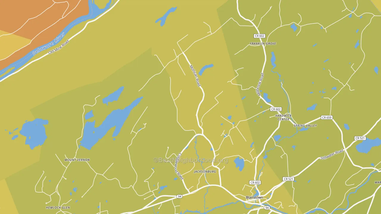 Map of the best neighborhoods in the Jacksonburg area, with better matches in green and worse matches in red