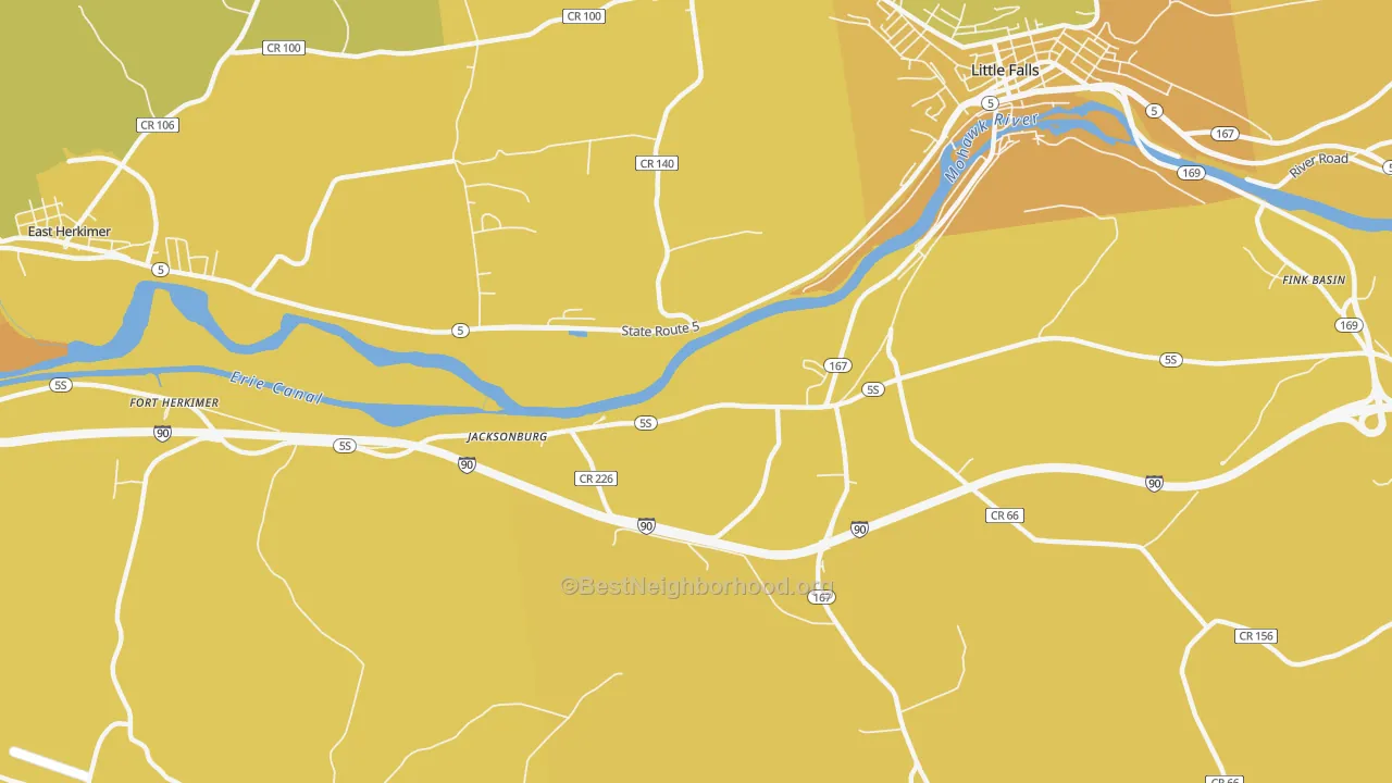Map of the best neighborhoods in the Jacksonburg area, with better matches in green and worse matches in red