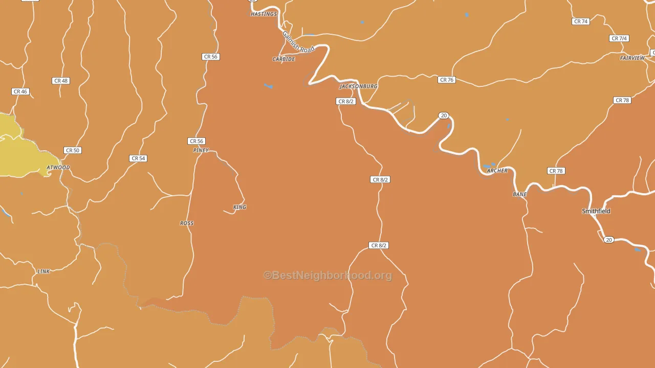 Map of the best neighborhoods in the Jacksonburg area, with better matches in green and worse matches in red
