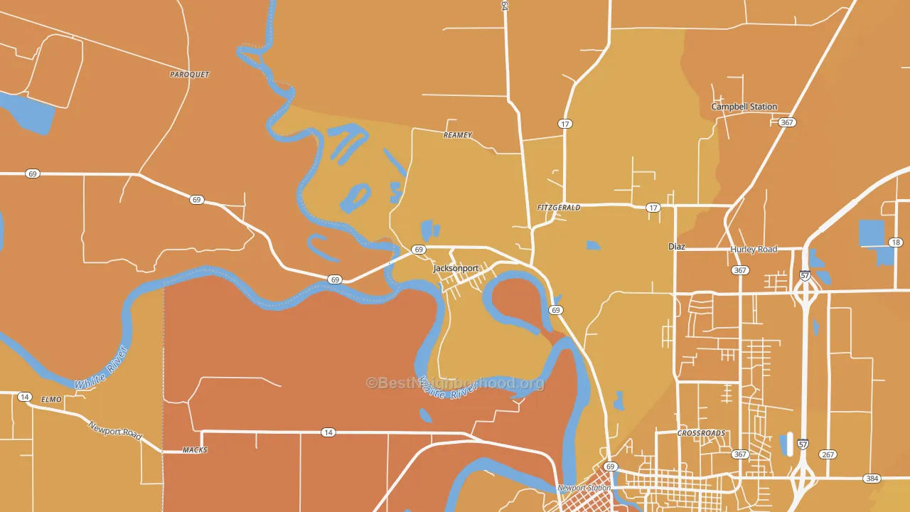 Map of the best neighborhoods in the Jacksonport area, with better matches in green and worse matches in red