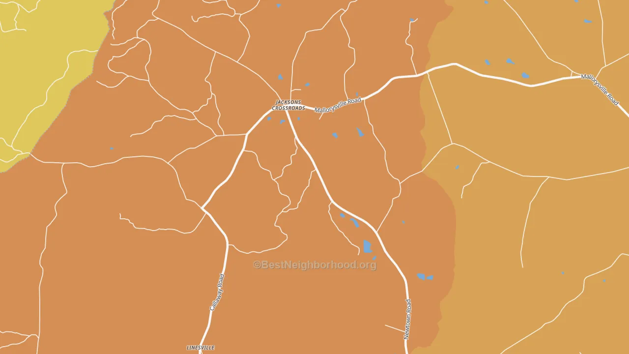 Map of the best neighborhoods in the Jacksons Crossroads area, with better matches in green and worse matches in red