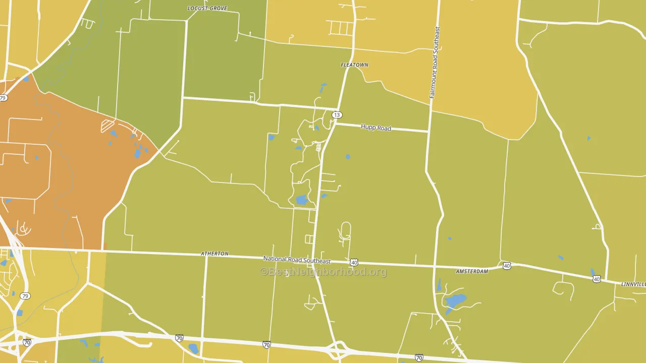 Map of the best neighborhoods in the Jacksontown area, with better matches in green and worse matches in red