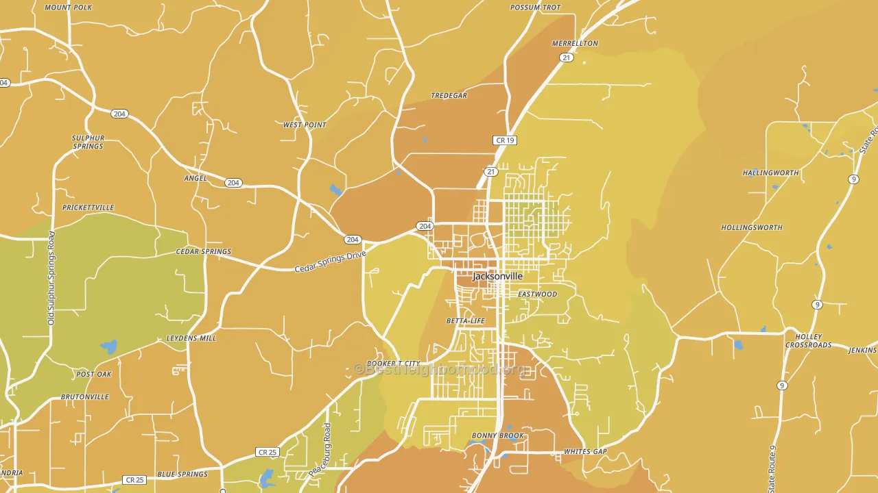Map of the best neighborhoods in the Jacksonville area, with better matches in green and worse matches in red