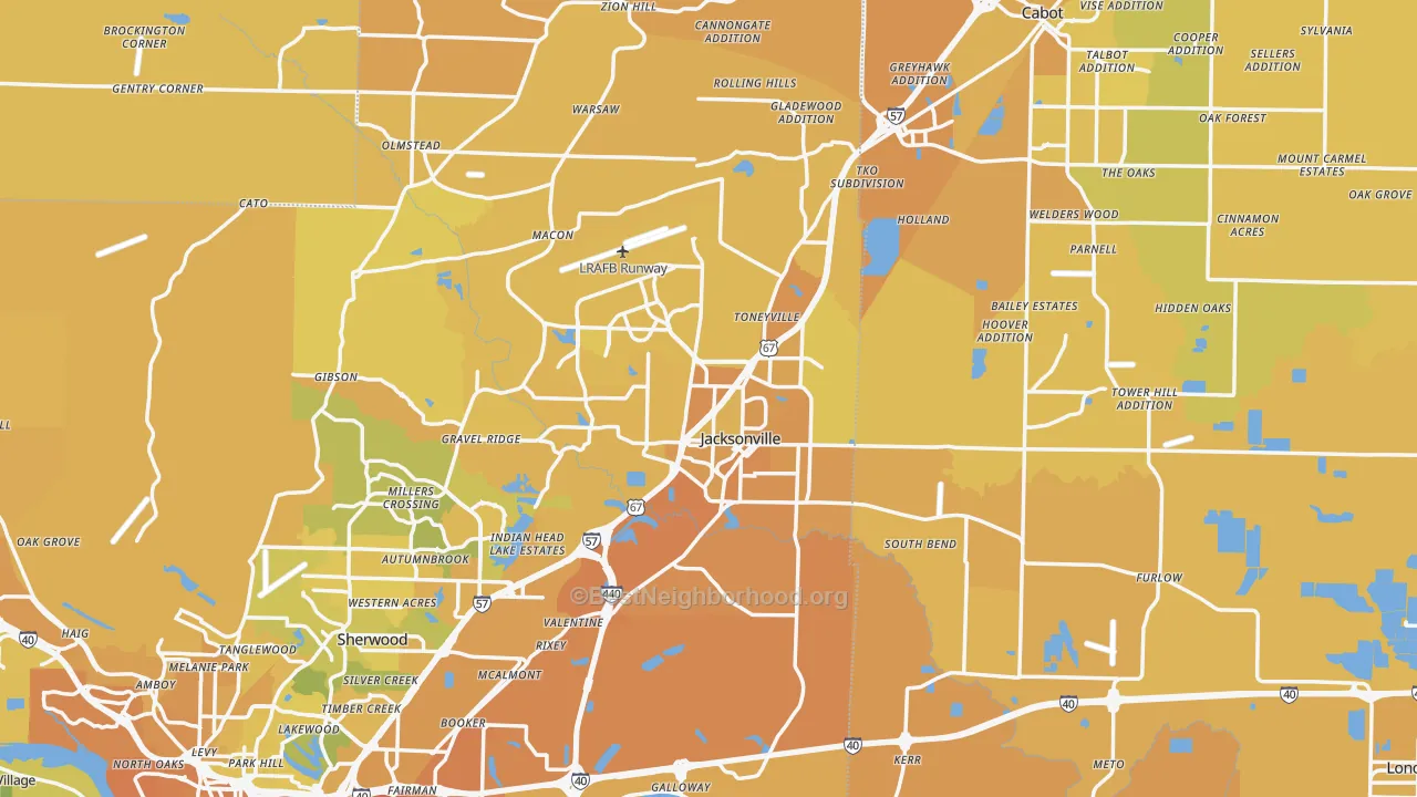 Map of the best neighborhoods in the Jacksonville area, with better matches in green and worse matches in red