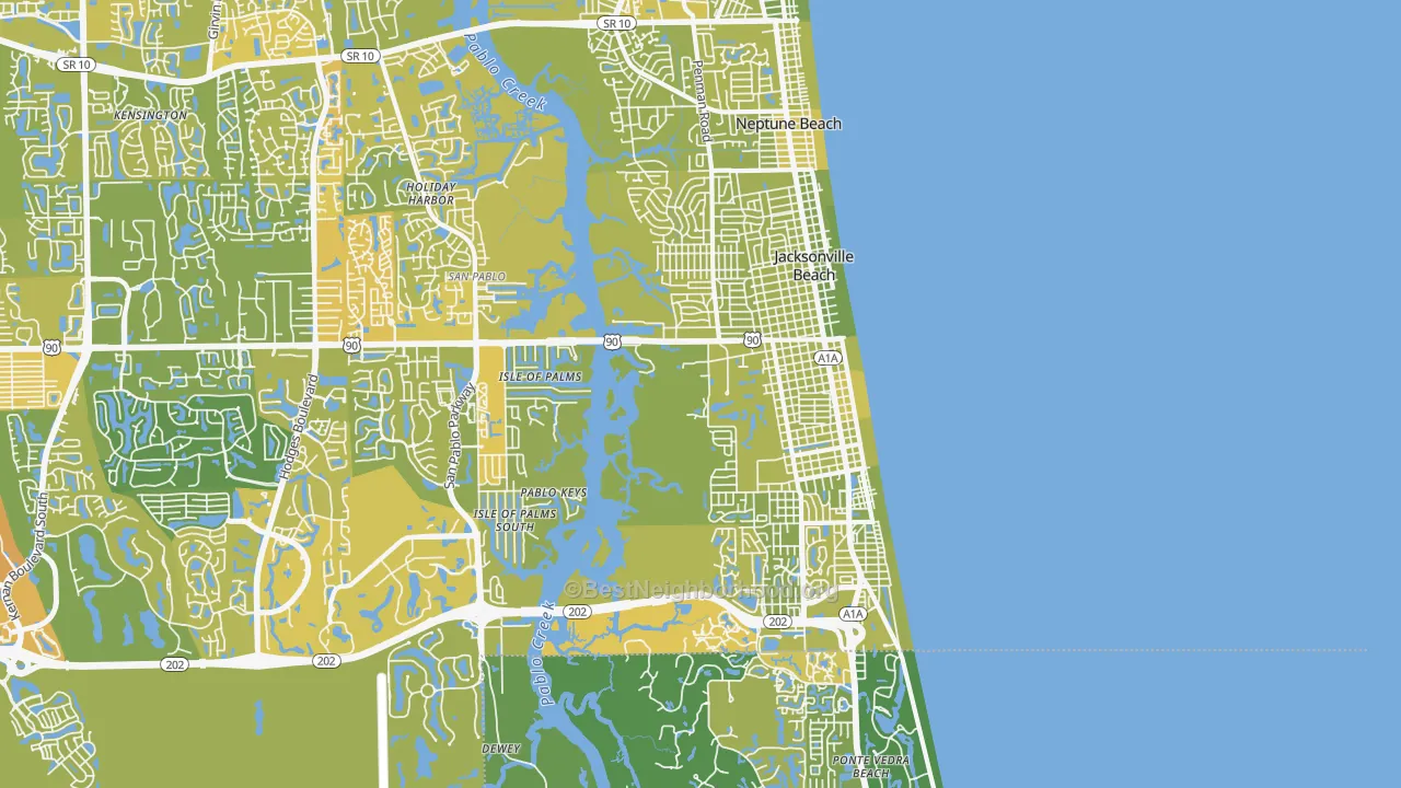 Map of the best neighborhoods in the Jacksonville Beach area, with better matches in green and worse matches in red