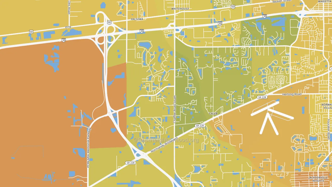 Map of the best neighborhoods in the Jacksonville Farms-Terrace, Jacksonville area, with better matches in green and worse matches in red