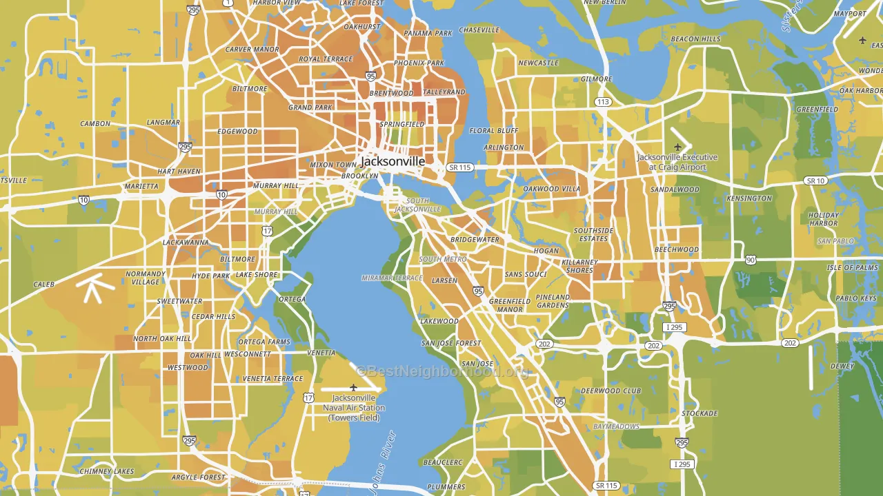 Map of the best neighborhoods in the Jacksonville Metro area, with better matches in green and worse matches in red