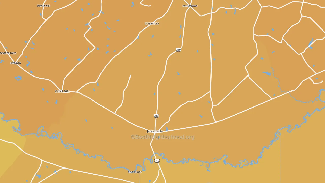 Map of the best neighborhoods in the Jacksonville area, with better matches in green and worse matches in red