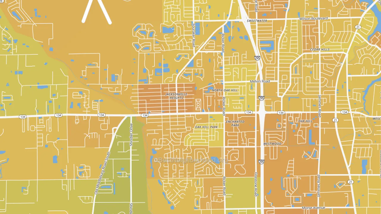 Map of the best neighborhoods in the Jacksonville Heights, Jacksonville area, with better matches in green and worse matches in red