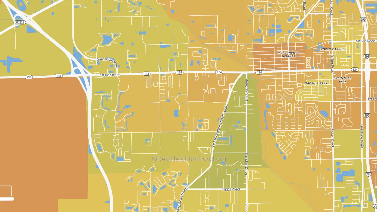 Map of the best neighborhoods in the Jacksonville Heights South, Jacksonville area, with better matches in green and worse matches in red