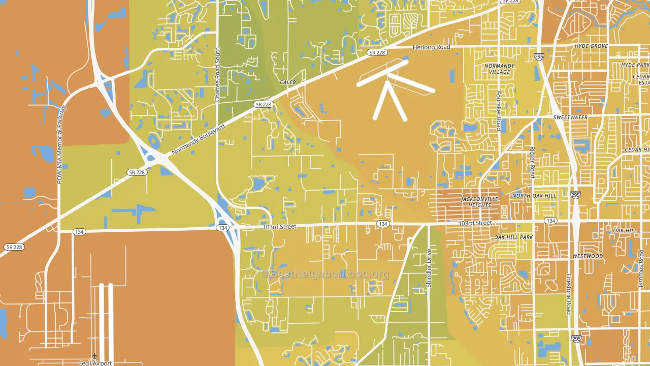 Map of the best neighborhoods in the Jacksonville Heights West, Jacksonville area, with better matches in green and worse matches in red