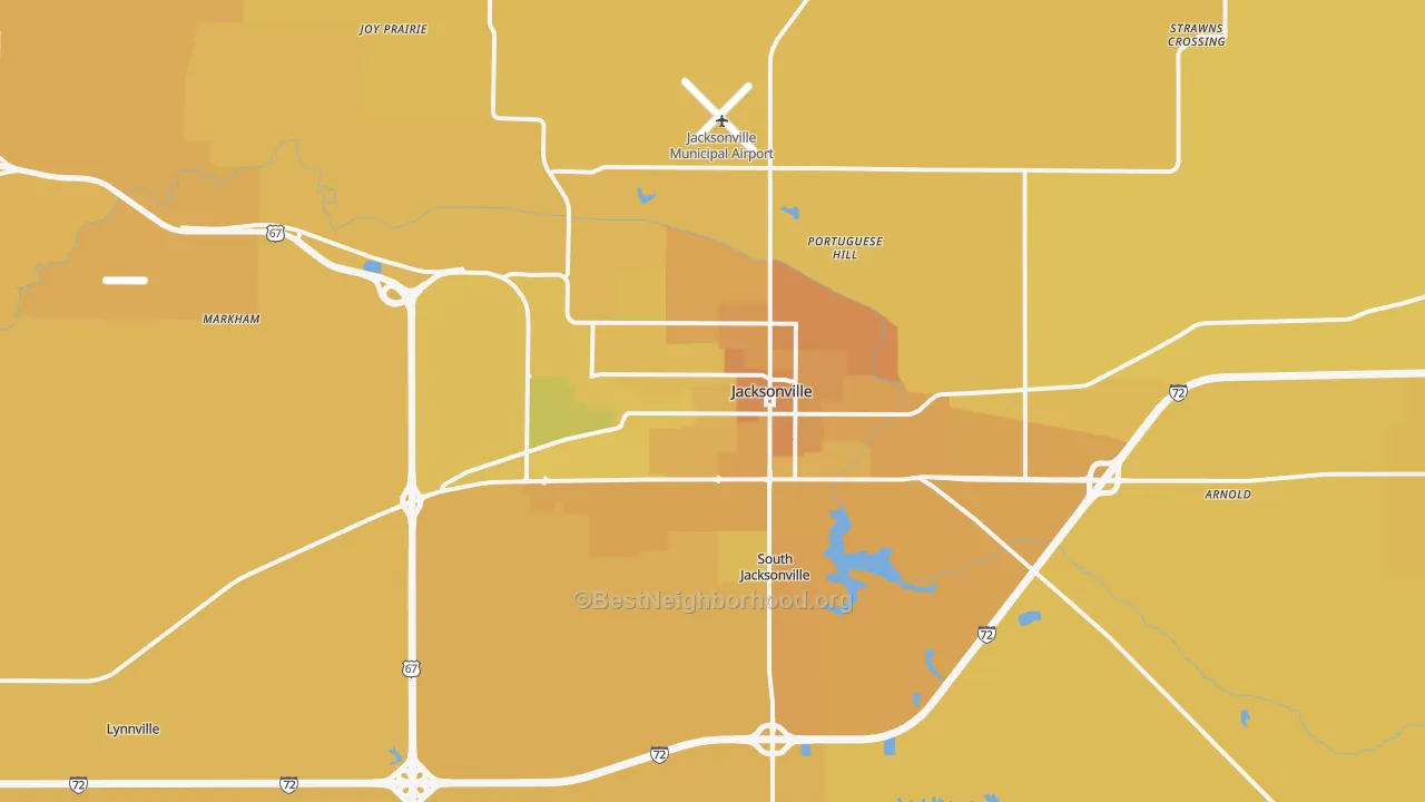 Map of the best neighborhoods in the Jacksonville area, with better matches in green and worse matches in red
