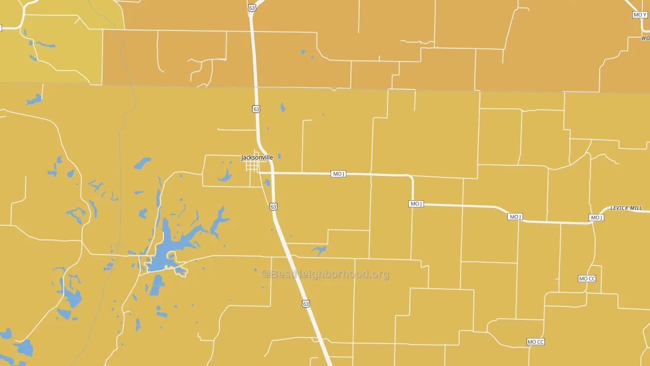 Map of the best neighborhoods in the Jacksonville area, with better matches in green and worse matches in red