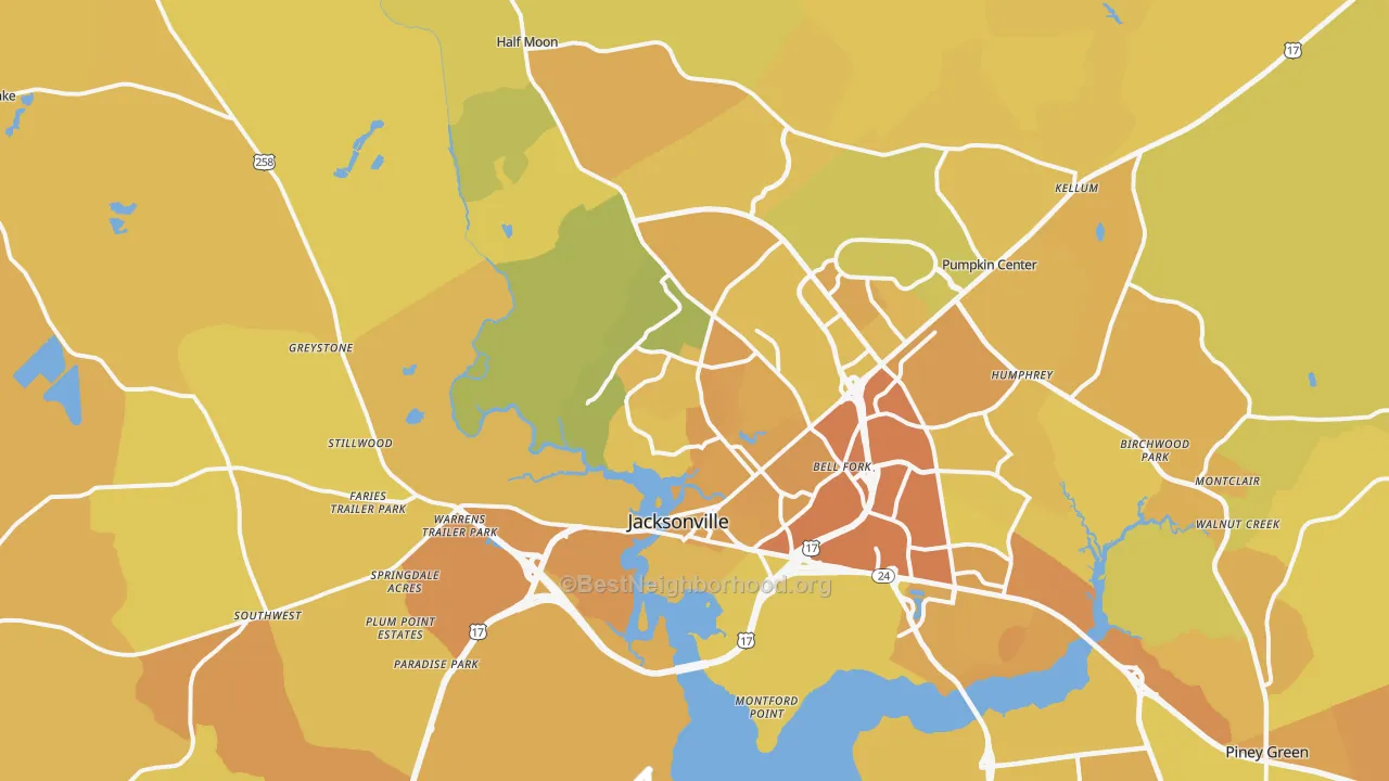 Map of the best neighborhoods in the Jacksonville Metro area, with better matches in green and worse matches in red